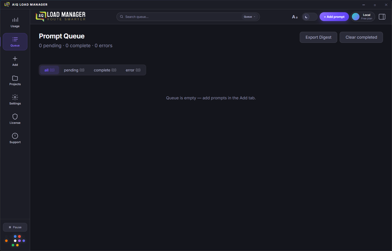 Queue panel showing items in processing, complete, pending, and error states
