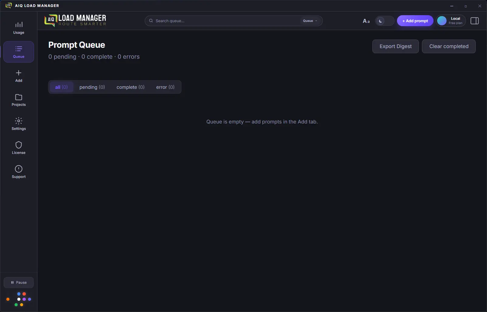 Queue panel showing items in processing, complete, pending, and error states