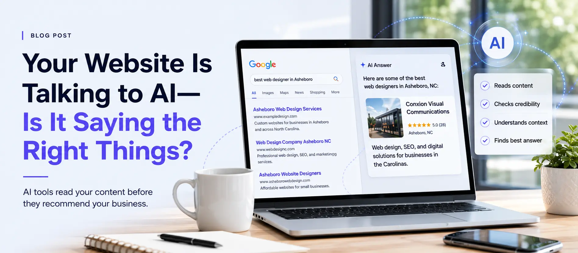 Split-screen illustration showing a traditional Google results page on the left and an AI chat response recommending a local business on the right