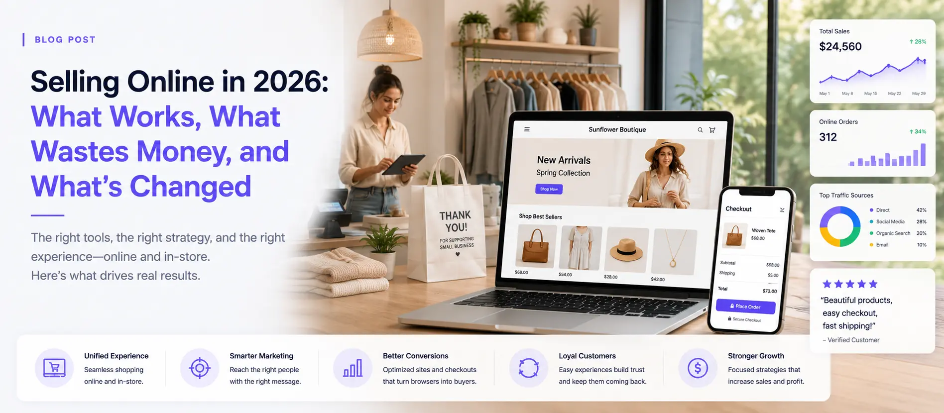 Stylized illustration of a small boutique storefront with a digital open sign morphing into a laptop screen showing an online store